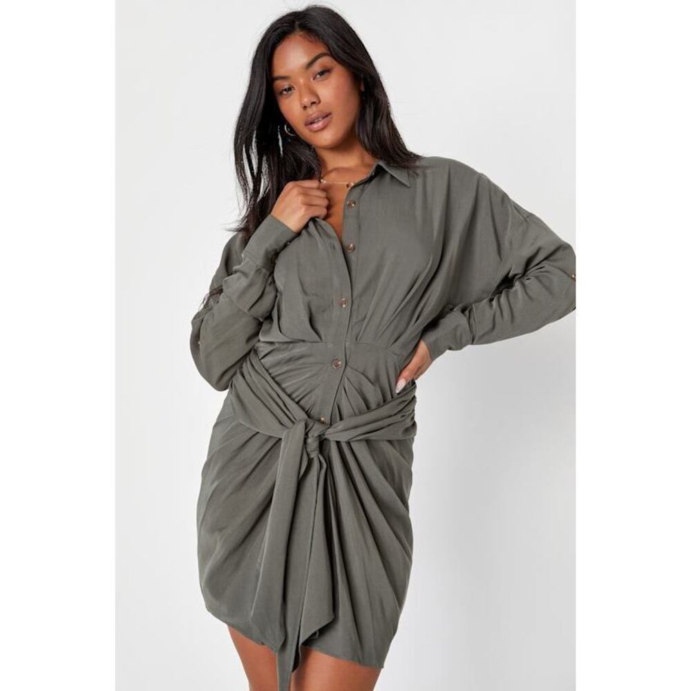 Lulus Charming Confidence Olive Green Collared Button-up Mini Dress - Size S
